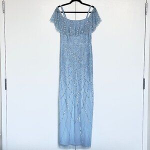 Adrianna Papell | Light blue beaded off the shoulder ruffle maxi gown | Sz 6 NWT